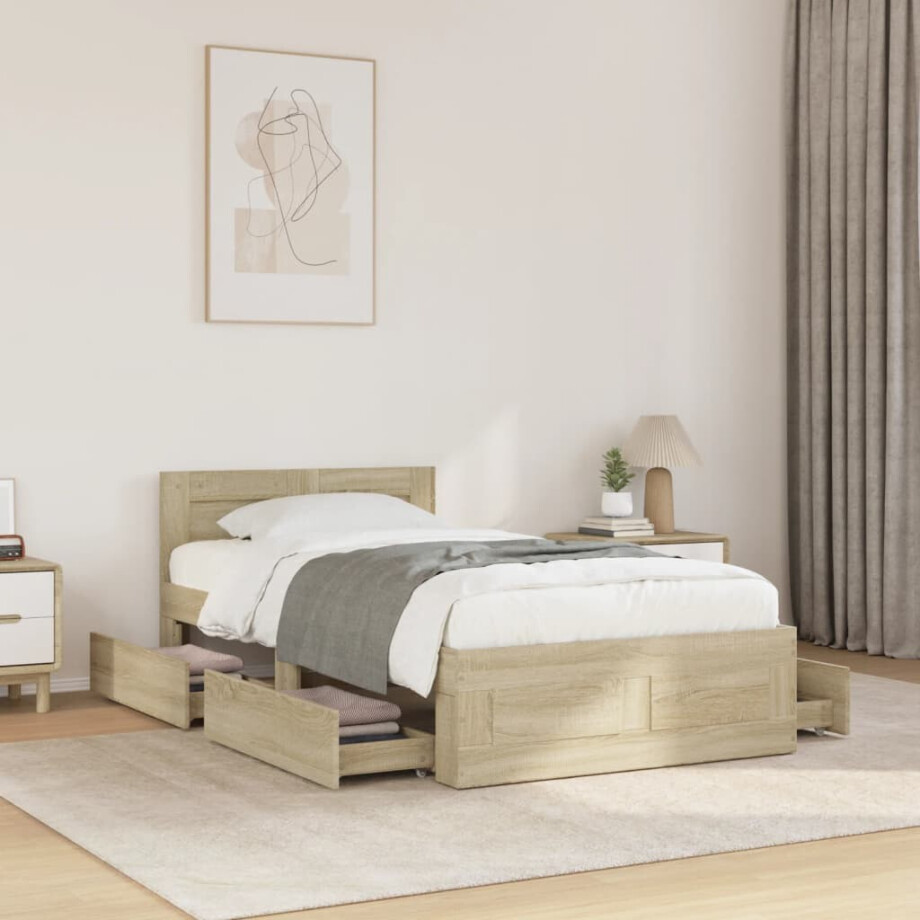 vidaXL Bedframe met hoofdeinde bewerkt hout sonoma eiken 90x190 cm afbeelding 1