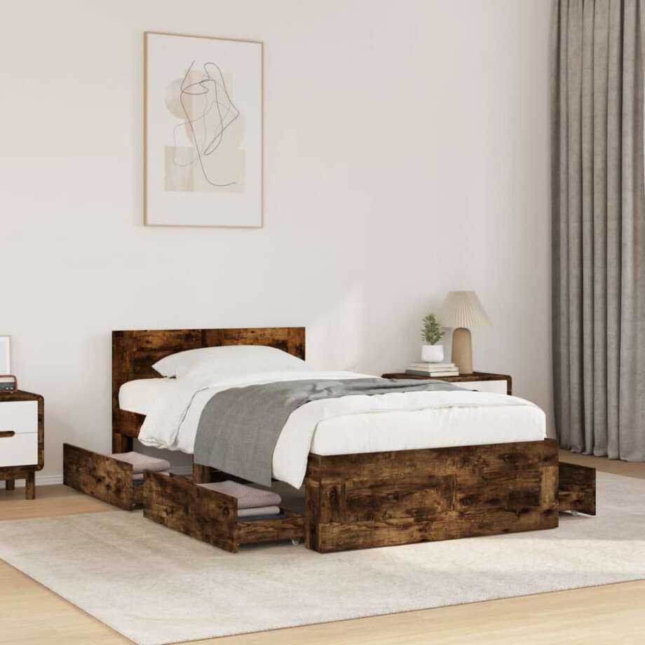 vidaXL Bedframe met hoofdbord bewerkt hout gerookt eiken 75x190 cm vidaXL Bedframe met hoofdbord bewerkt hout gerookt eiken 75x190 cm afbeelding 1