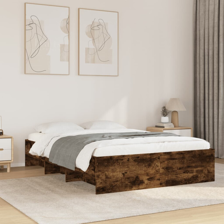 vidaXL Bedframe bewerkt hout gerookt eikenkleurig 135x190 cm afbeelding 1