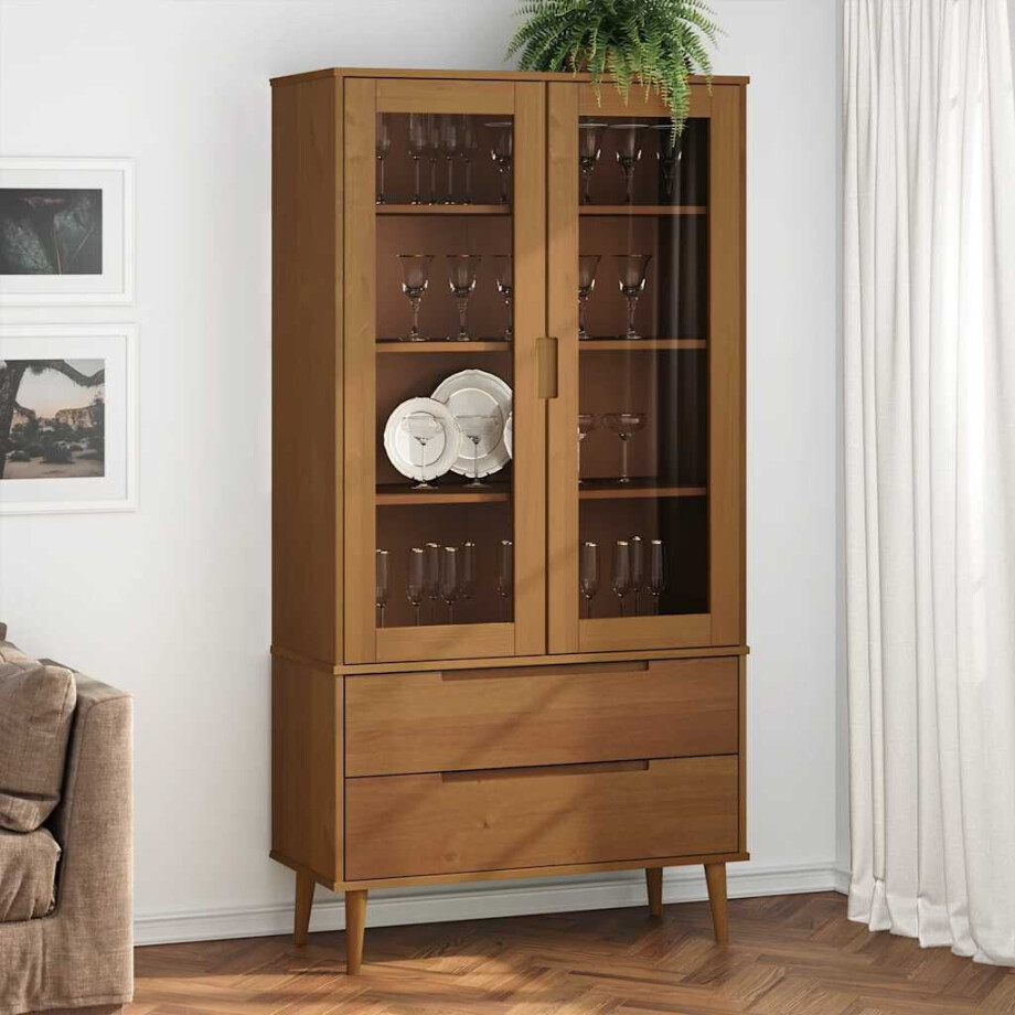 vidaXL Vitrinekast MOLDE 90x35x175 cm massief grenenhout bruin afbeelding 1