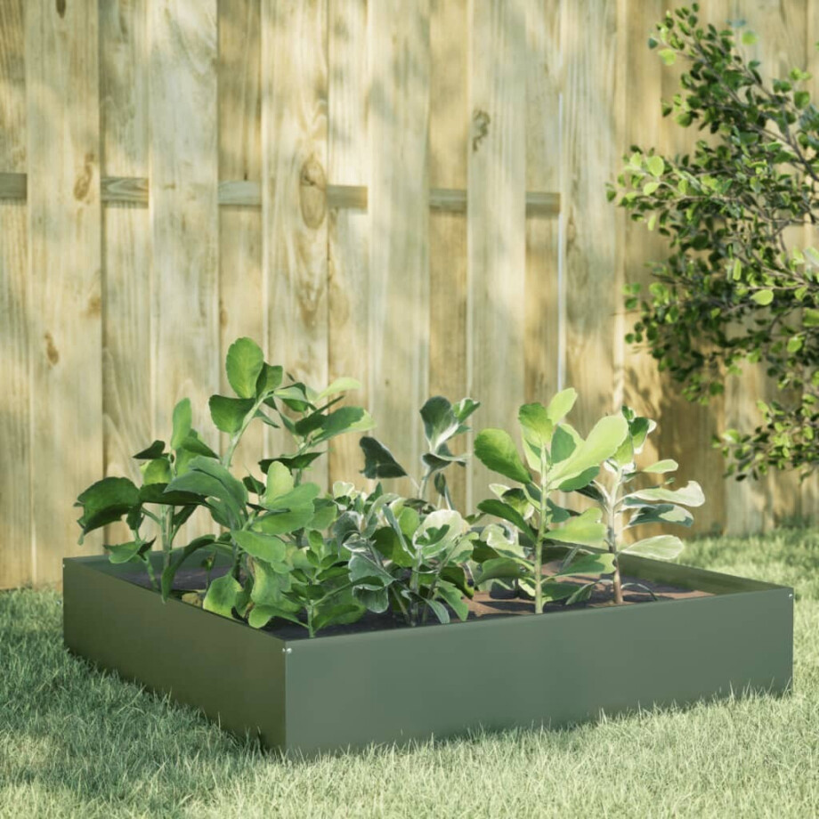 vidaXL Plantenbak verhoogd 100x100x33,5 cm staal olijfgroen afbeelding 1
