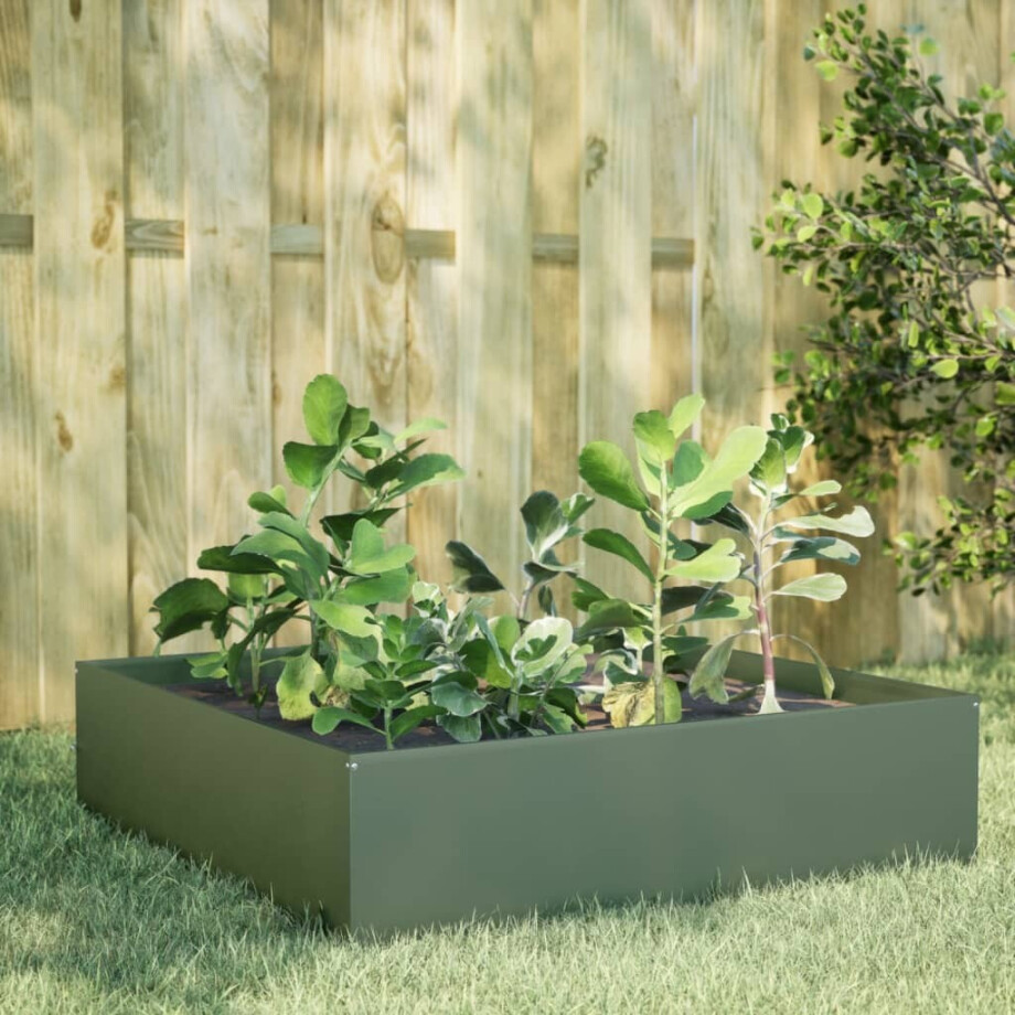 vidaXL Plantenbak verhoogd 100x100x25 cm staal olijfgroen afbeelding 1