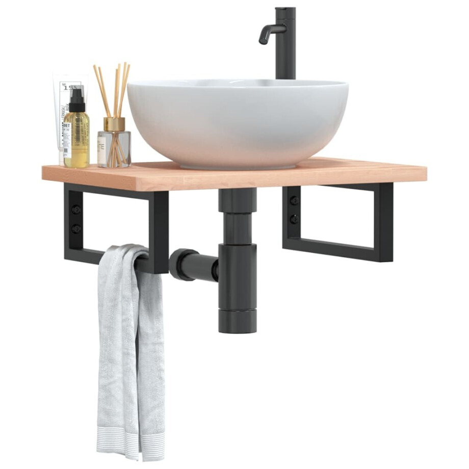 vidaXL Badkamer wandschap staal en massief beukenhout afbeelding 1