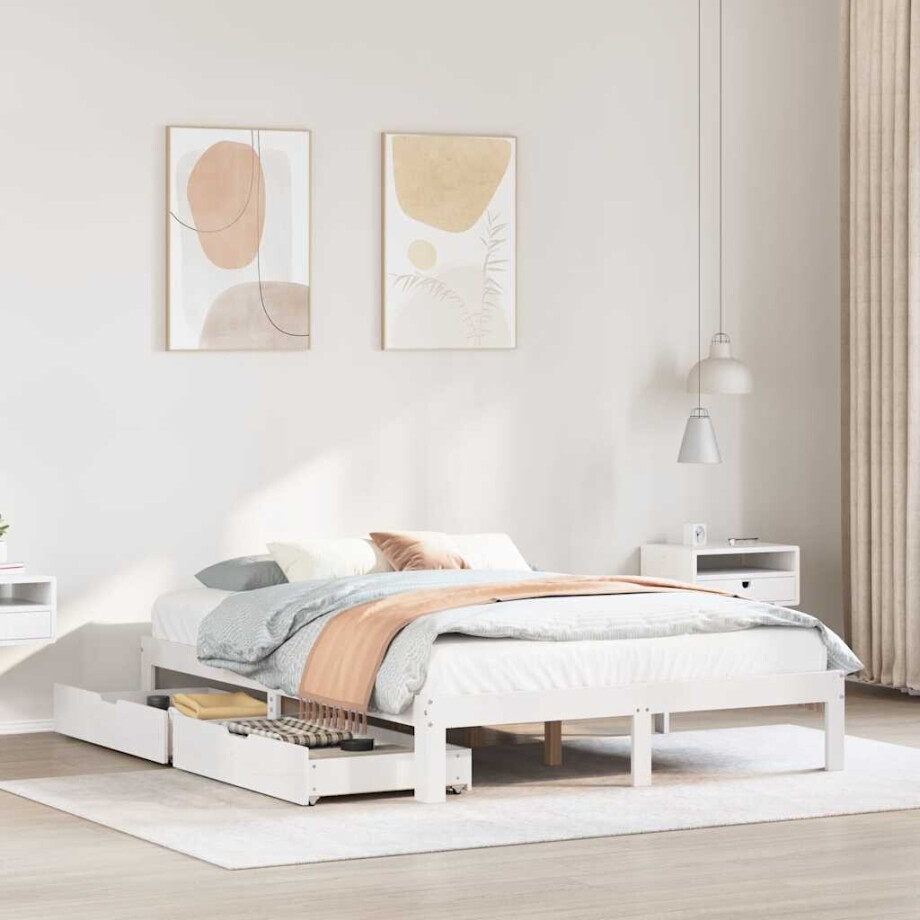 vidaXL Bedframe met lades massief grenenhout wit 140x190 cm afbeelding 1