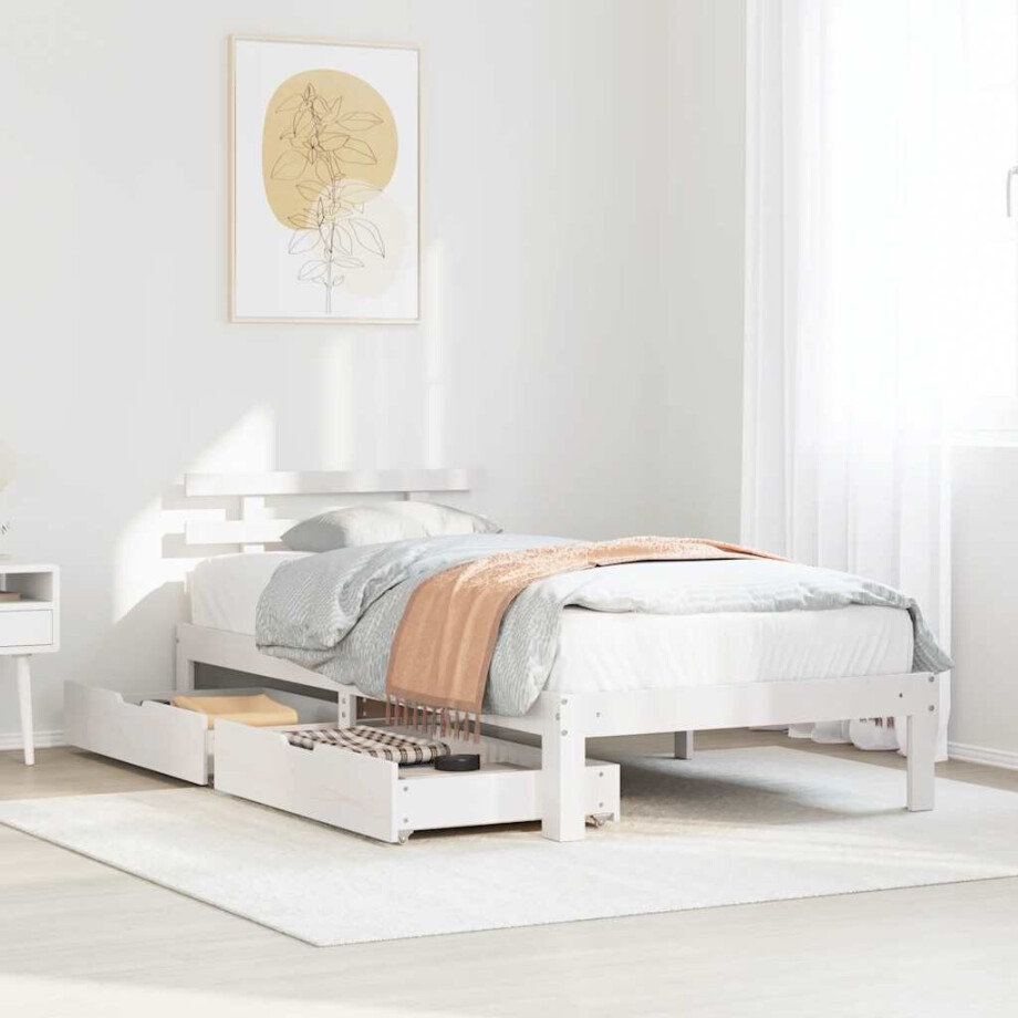 vidaXL Bedframe met lades massief grenenhout wit 75x190 cm afbeelding 1
