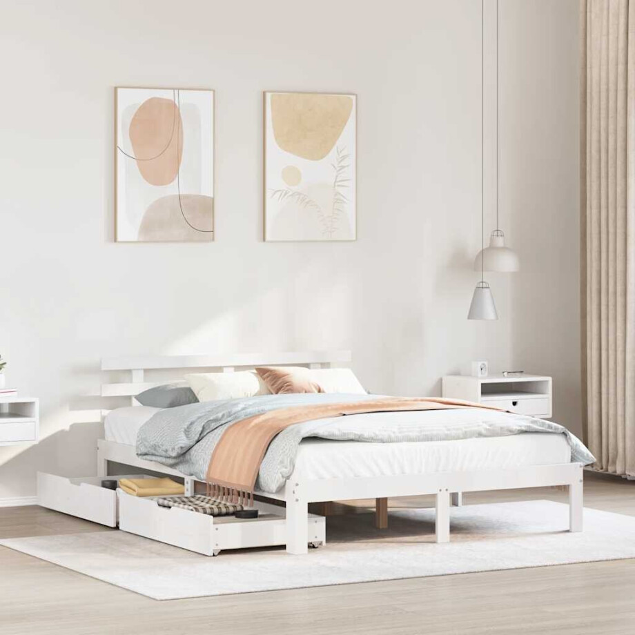 vidaXL Bedframe met lades massief grenenhout wit 135x190 cm afbeelding 1
