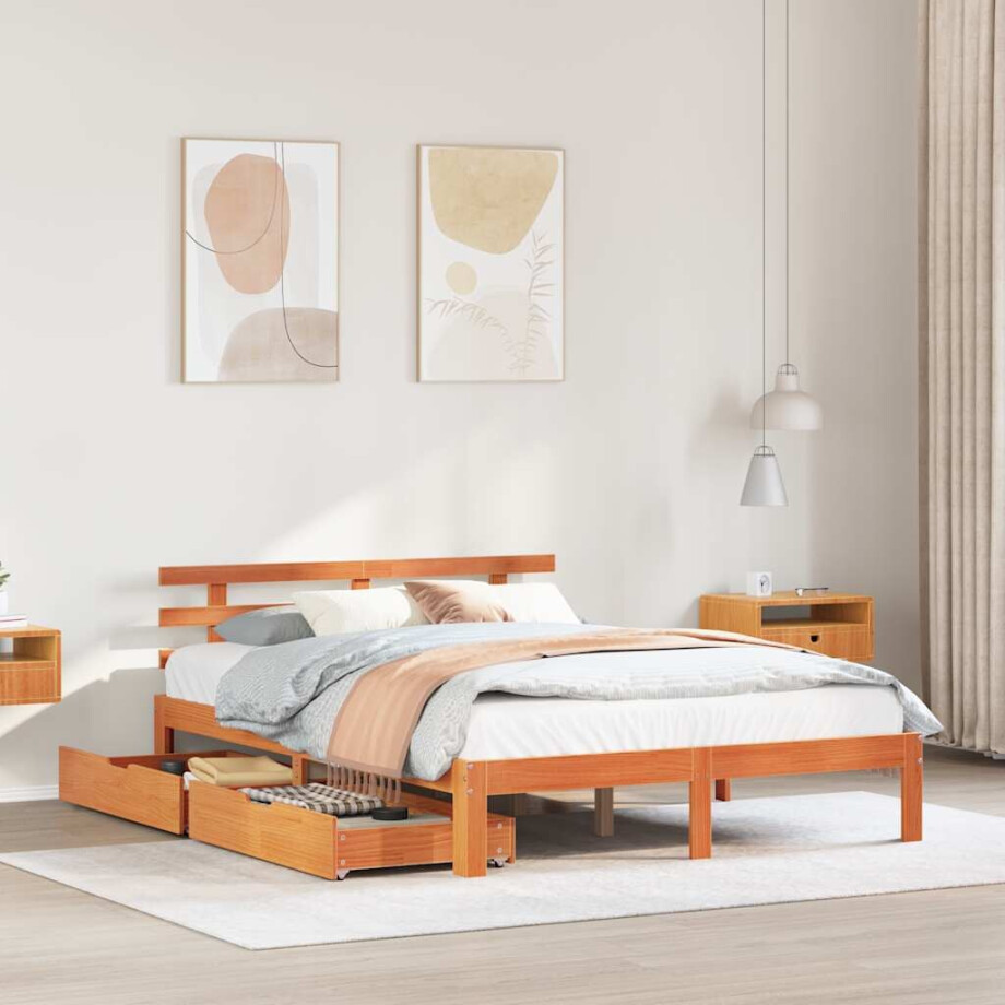 vidaXL Bedframe met lades massief grenenhout wasbruin 150x200 cm afbeelding 1