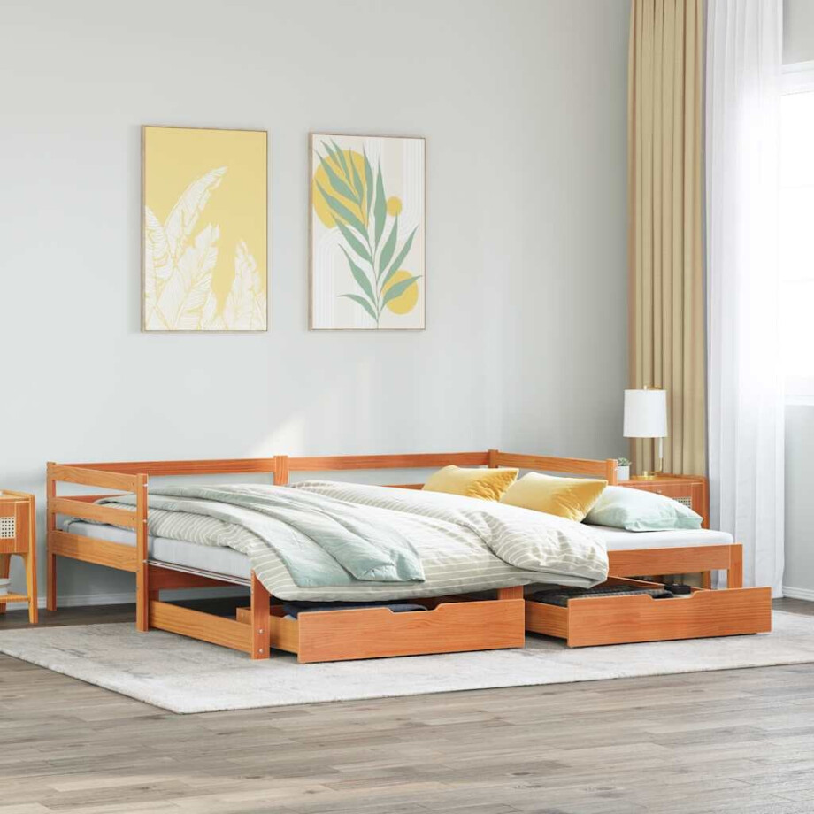 vidaXL Slaapbank onderschuifbed en lades 90x200 cm grenenhout wasbruin afbeelding 1