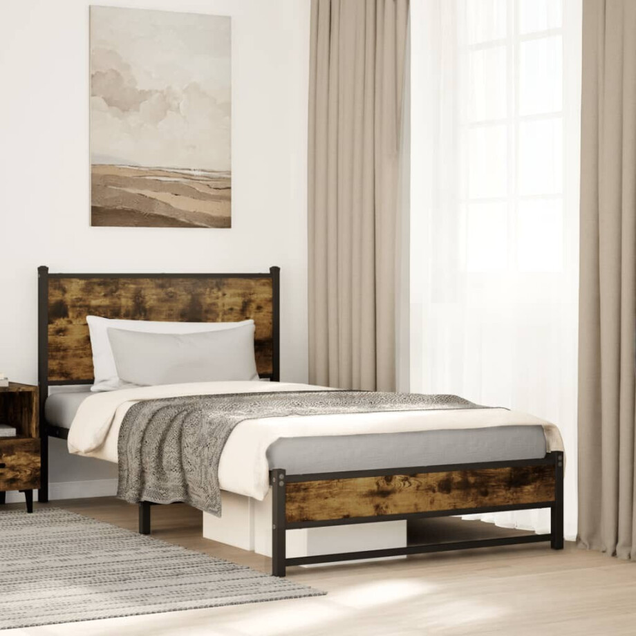 vidaXL Bedframe zonder matras metaal gerookt eikenkleurig 100x190 cm afbeelding 1