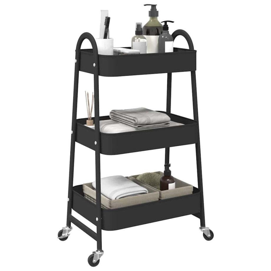 vidaXL Opbergtrolley 3-laags 42x41,5x77 cm staal zwart afbeelding 1