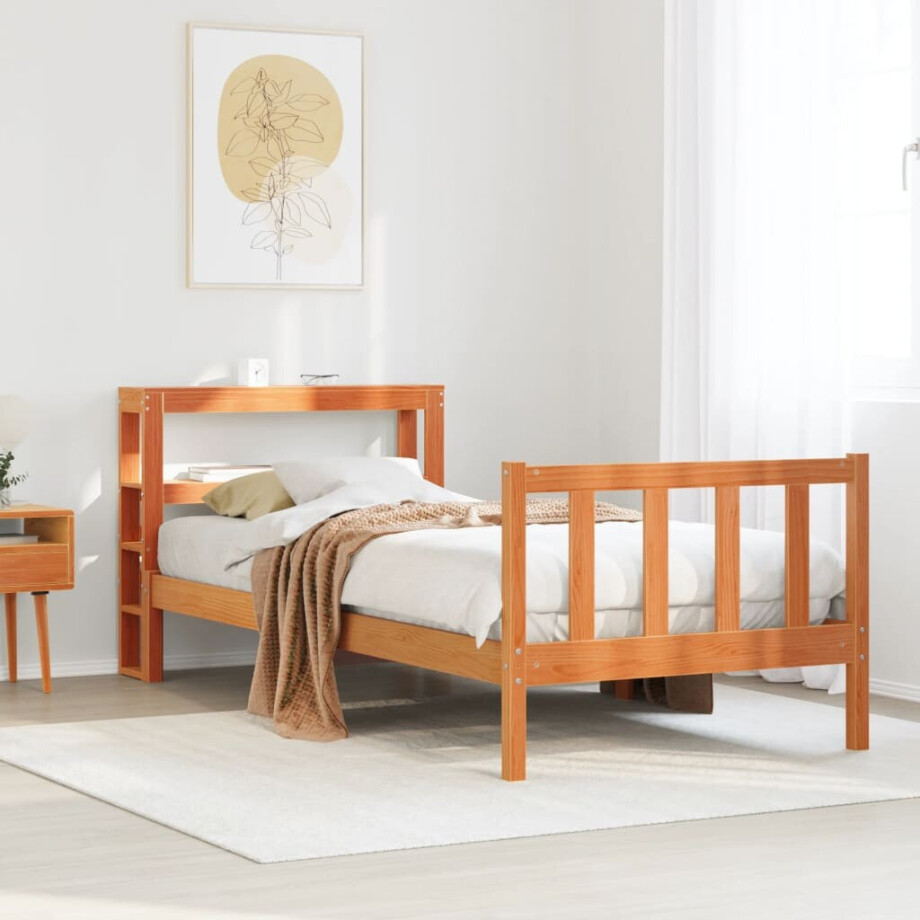 vidaXL Bedframe met hoofdbord massief grenenhout wasbruin 75x190 cm afbeelding 1