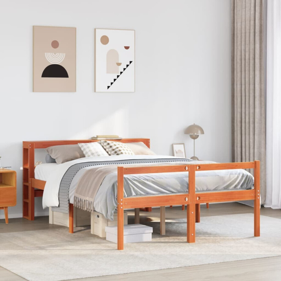 vidaXL Bedframe met hoofdbord massief grenenhout wasbruin 140x190 cm afbeelding 1
