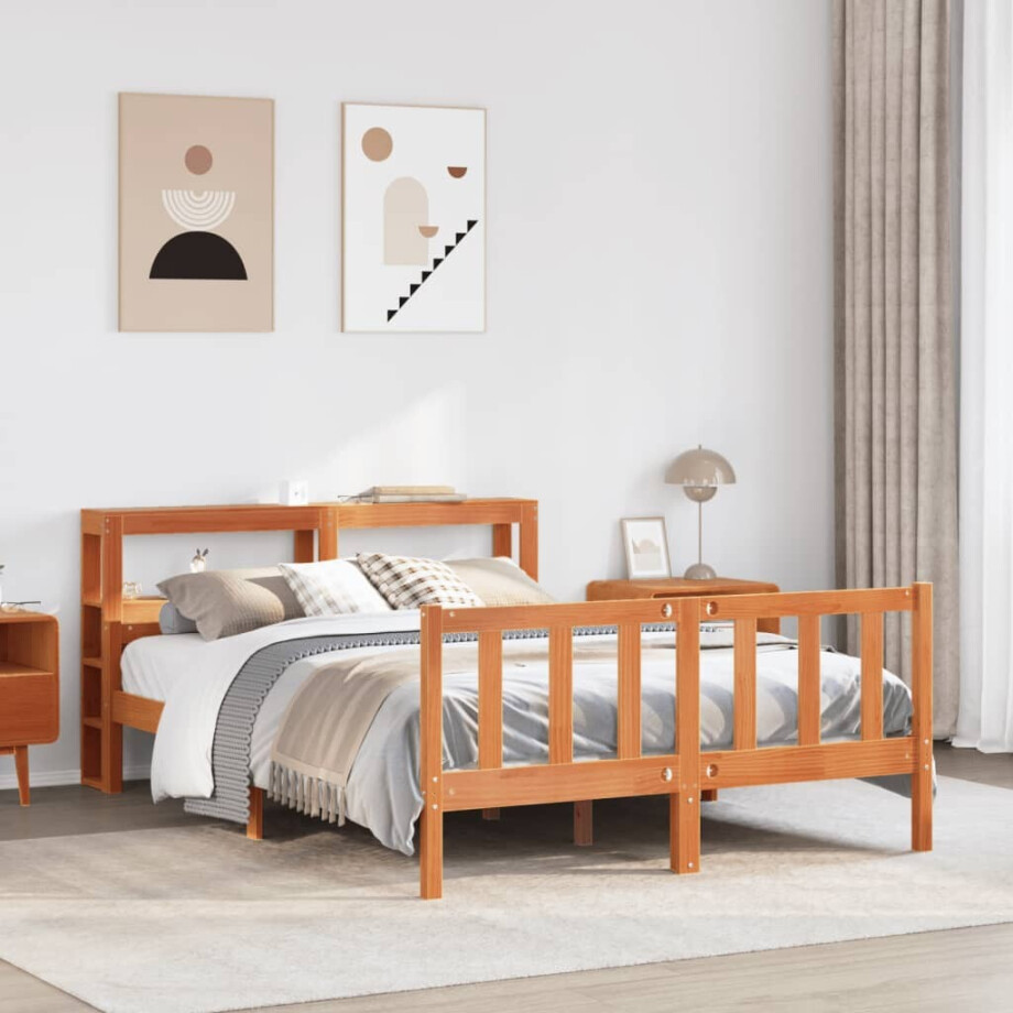 vidaXL Bedframe met hoofdbord massief grenenhout wasbruin 150x200 cm afbeelding 1
