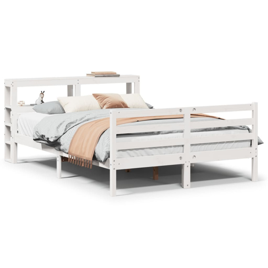 vidaXL Bedframe met hoofdbord massief grenenhout wit 135x190 cm afbeelding 1