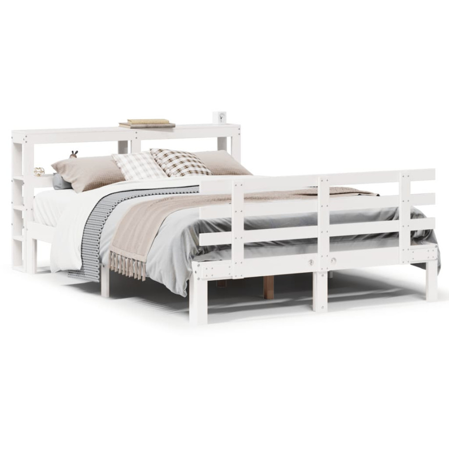 vidaXL Bedframe met hoofdbord massief grenenhout wit 135x190 cm afbeelding 1