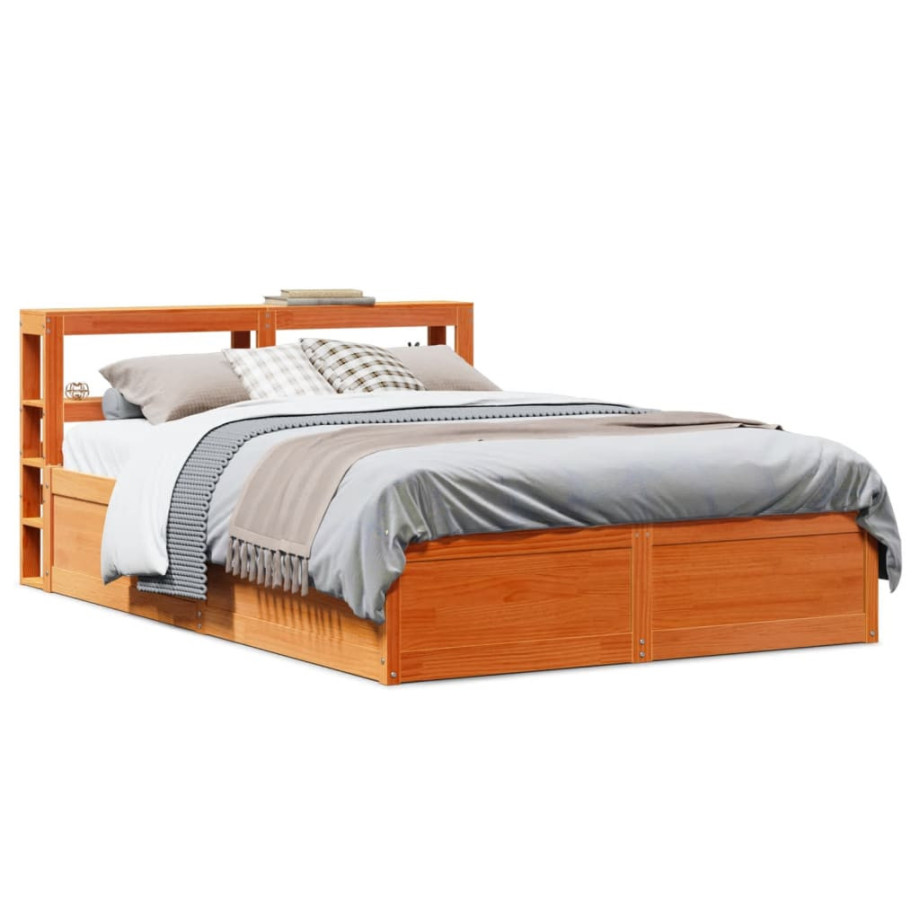 vidaXL Bedframe met hoofdbord massief grenenhout wasbruin 140x190 cm afbeelding 1