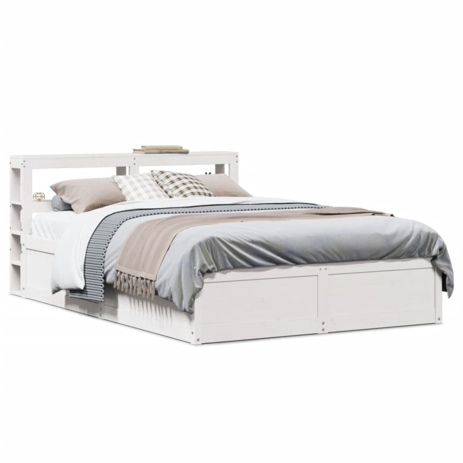 vidaXL Bedframe met hoofdbord massief grenenhout wit 135x190 cm afbeelding 1