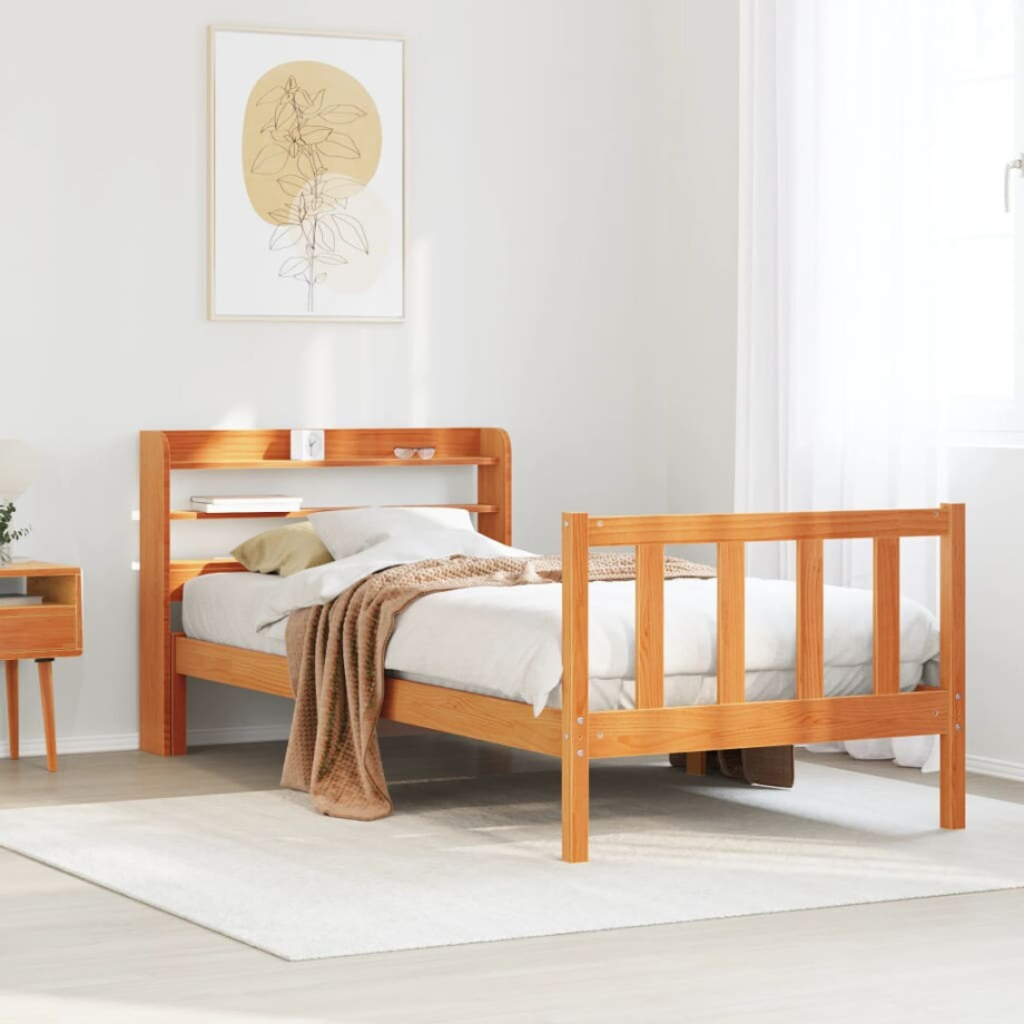 vidaXL Bedframe met hoofdbord massief grenenhout wasbruin 75x190 cm afbeelding 1