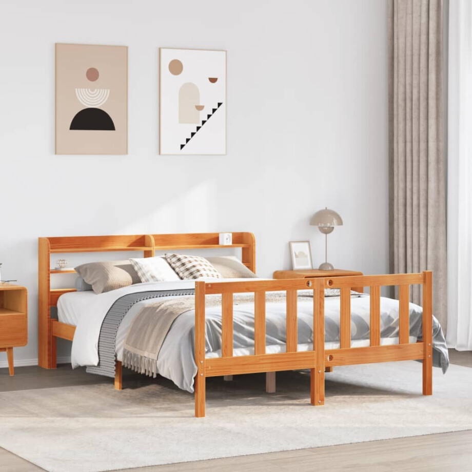 vidaXL Bedframe met hoofdbord massief grenenhout wasbruin 135x190 cm vidaXL Bedframe met hoofdbord massief grenenhout wasbruin 135x190 cm afbeelding 1