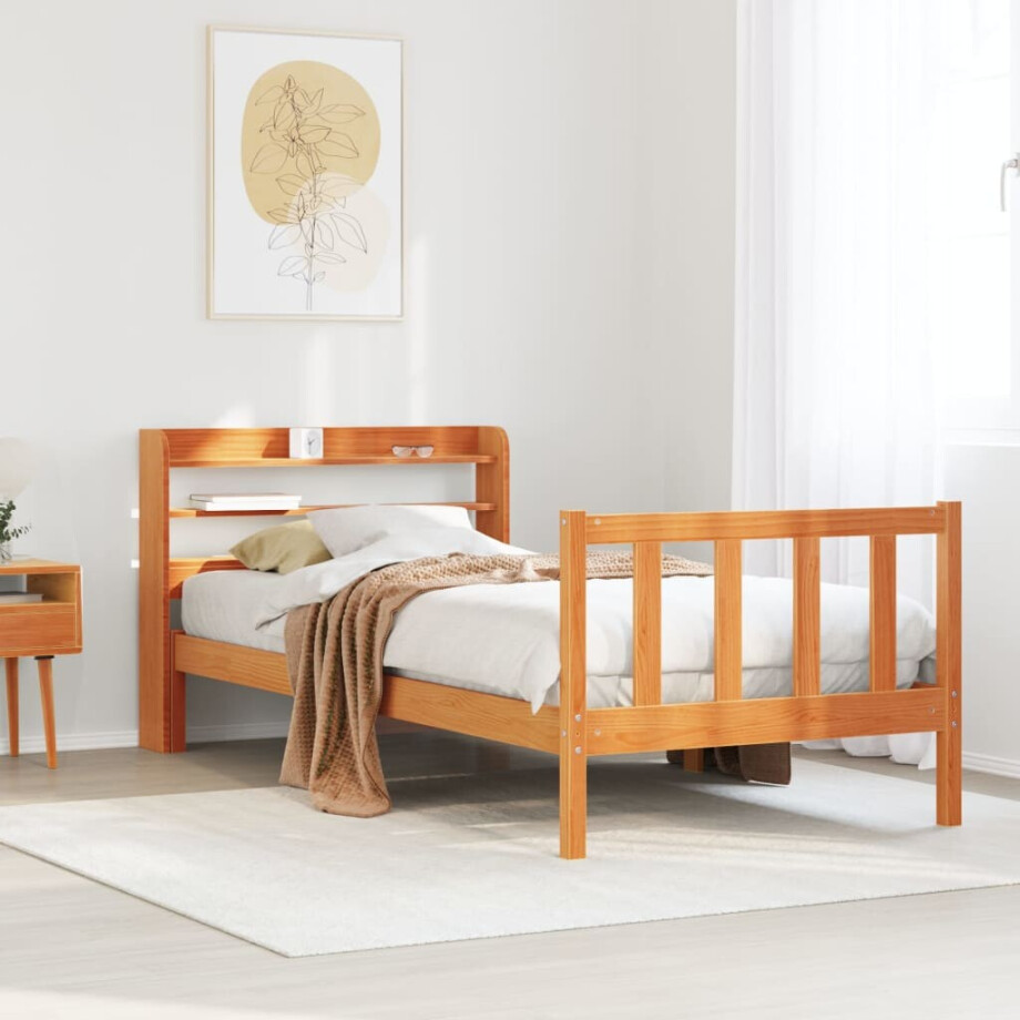 vidaXL Bedframe met hoofdbord massief grenenhout wasbruin 100x200 cm afbeelding 1