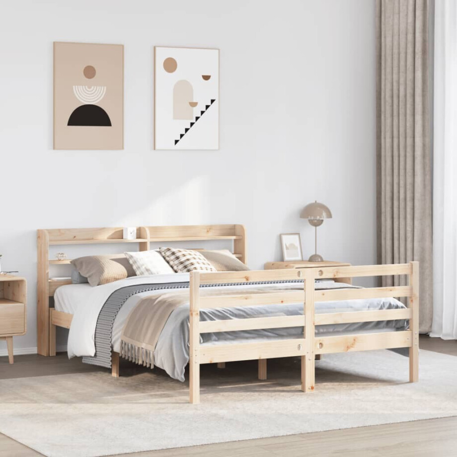 vidaXL Bedframe met hoofdbord massief grenenhout 135x190 cm afbeelding 1