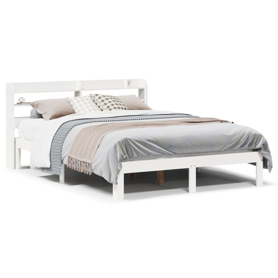 vidaXL Bedframe met hoofdbord massief grenenhout wit 135x190 cm afbeelding 1