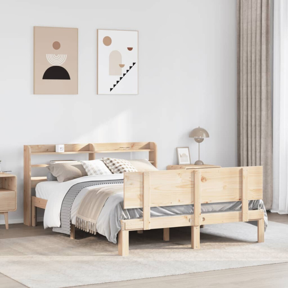 vidaXL Bedframe met hoofdbord massief grenenhout 135x190 cm afbeelding 1