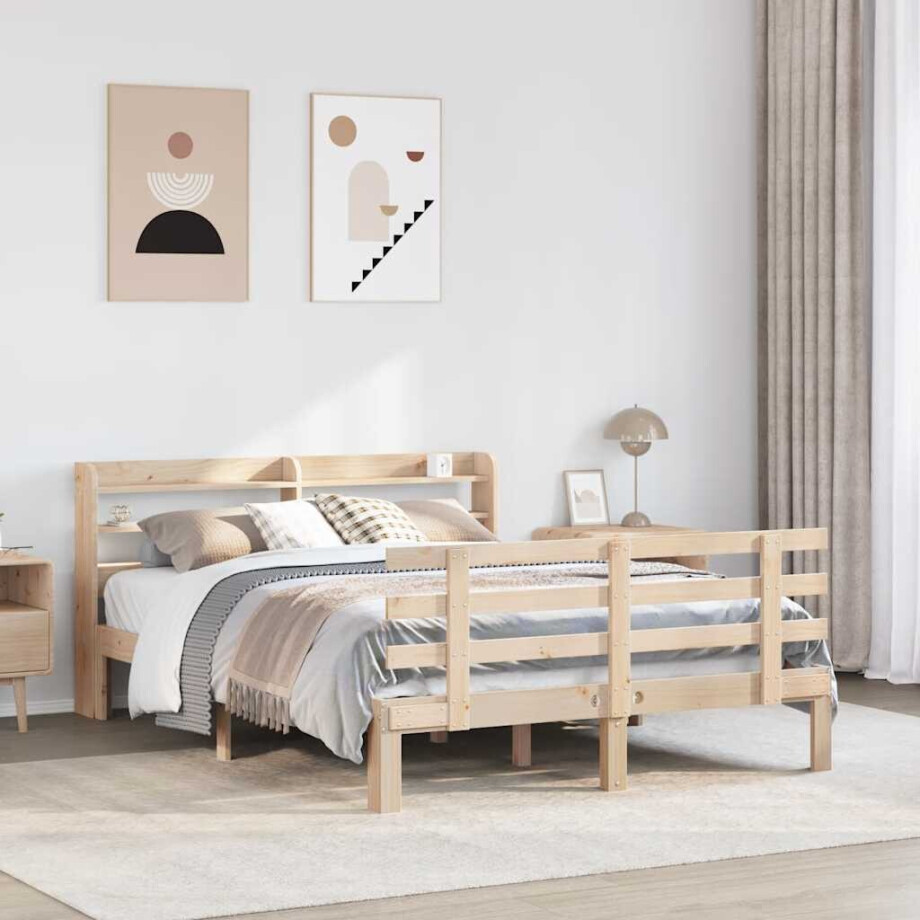 vidaXL Bedframe met hoofdbord massief grenenhout 135x190 cm afbeelding 1