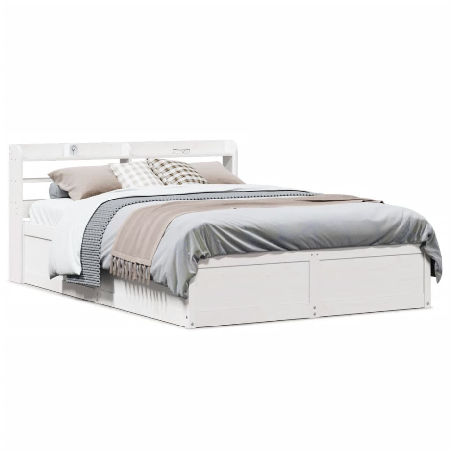 vidaXL Bedframe met hoofdbord massief grenenhout wit 135x190 cm afbeelding 1