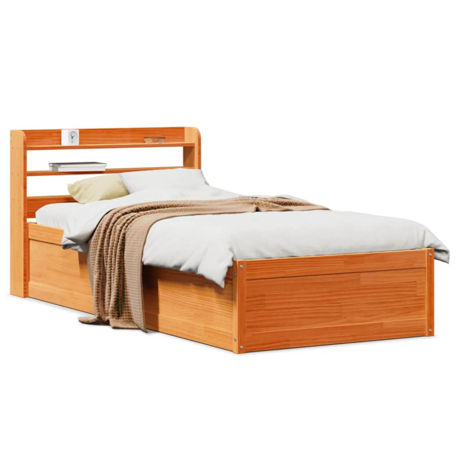 vidaXL Bedframe met hoofdbord massief grenenhout wasbruin 75x190 cm afbeelding 1