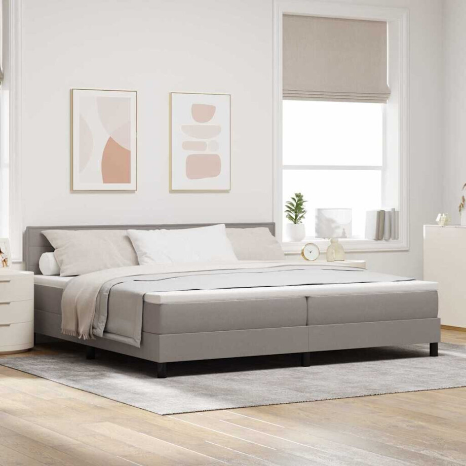 vidaXL Boxspringbed met kussen met hoofdeinde Taupe 200 x 200 cm Stof afbeelding 1