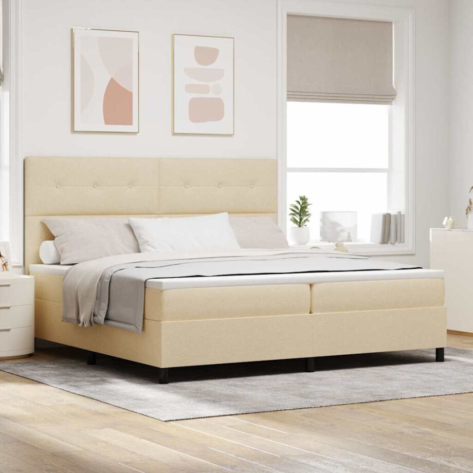 vidaXL Boxspringbed met matras met hoofdeinde Crème 200 x 200 cm Stof afbeelding 1