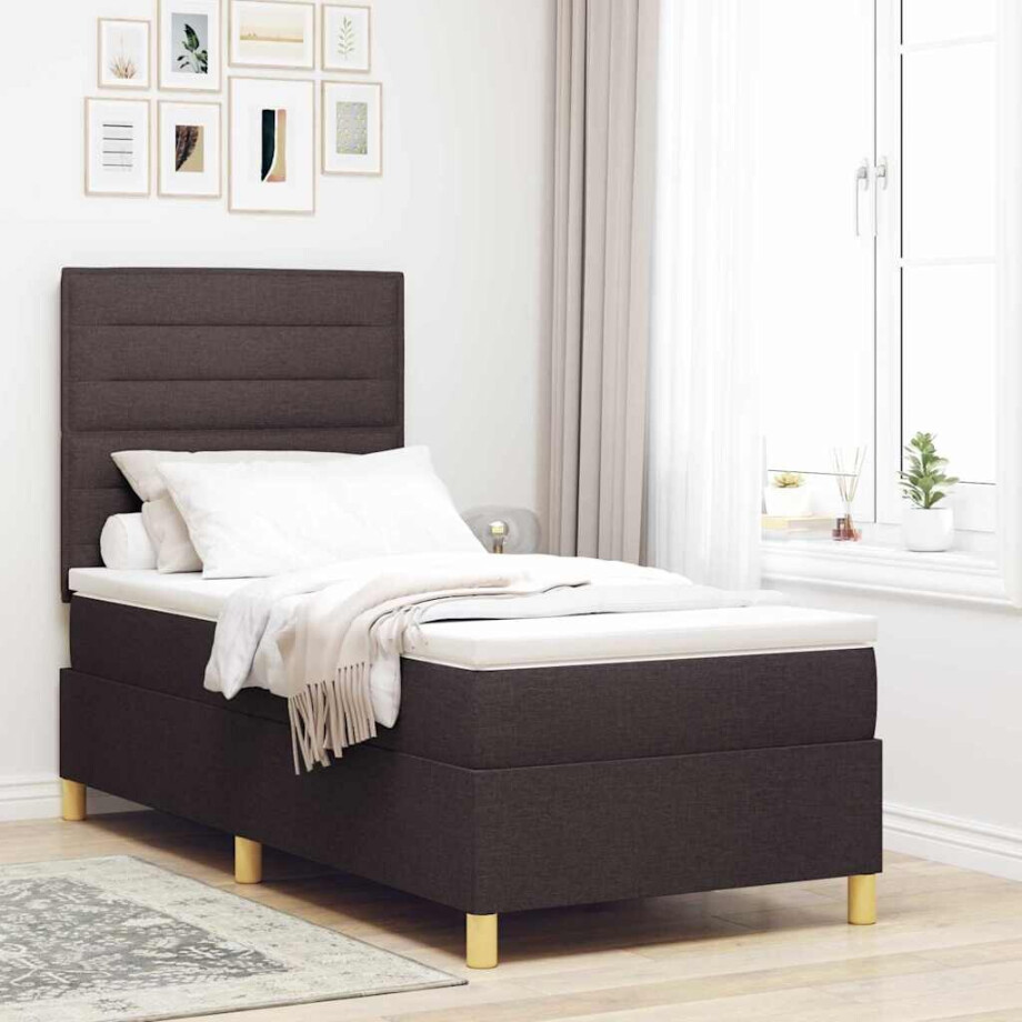 vidaXL Boxspringbed met matras Donkerbruin 90 x 200 cm Stof afbeelding 1