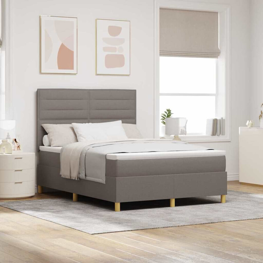 vidaXL Boxspringbed met matras met hoofdeinde Taupe 140 x 190 cm Stof afbeelding 1