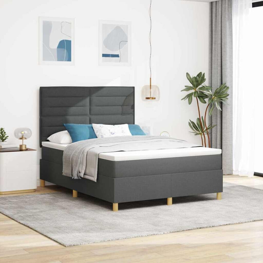 vidaXL Boxspringbed met matras Donkergrijs 140 x 200 cm Stof afbeelding 1