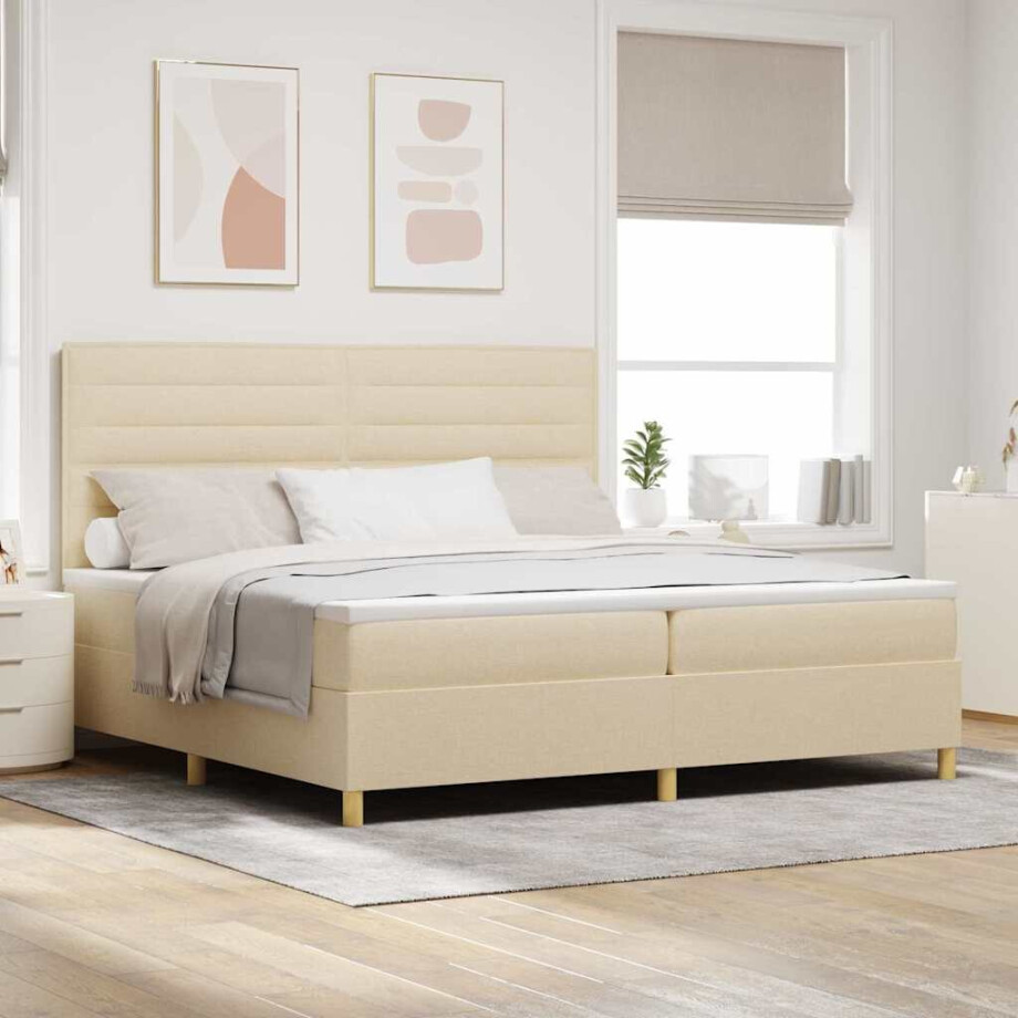 vidaXL Boxspringbed met matras met hoofdeinde Crème 200 x 200 cm Stof afbeelding 1