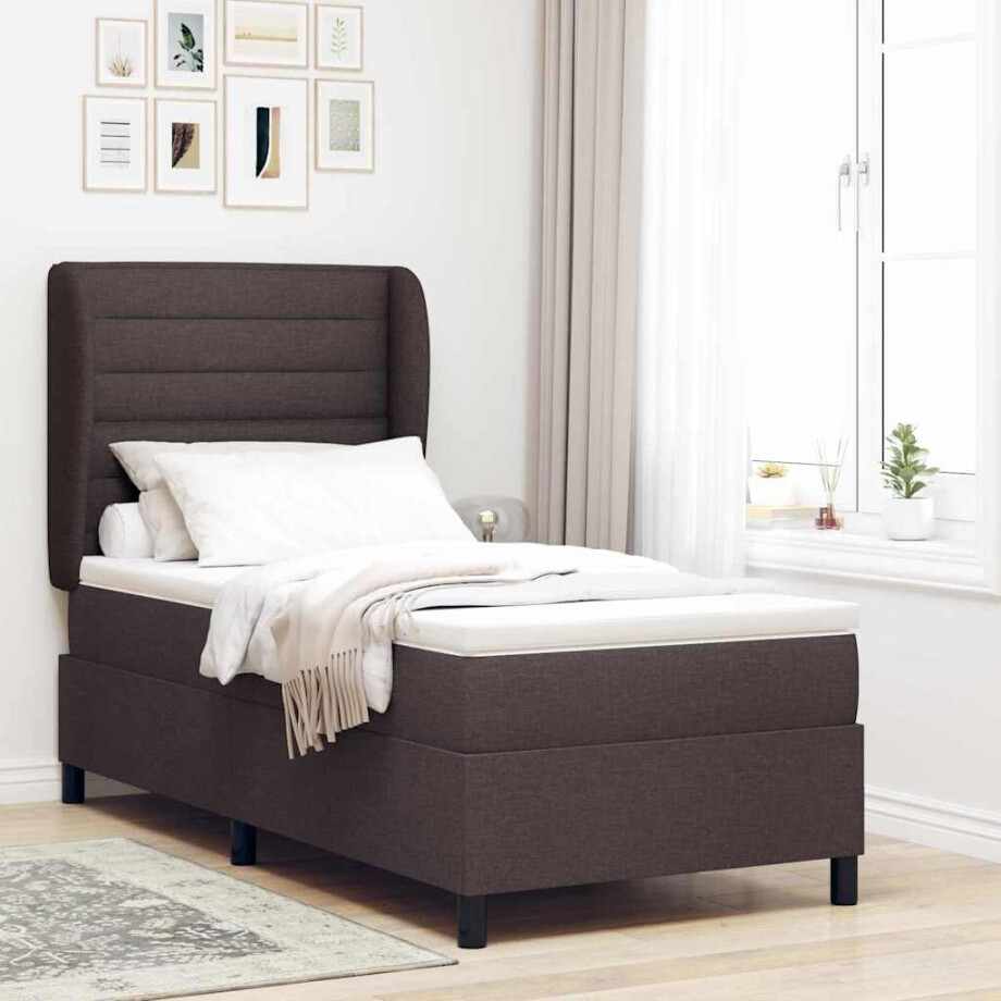 vidaXL Boxspring bed met matras Donkerbruin 90 x 200 cm Stof afbeelding 1