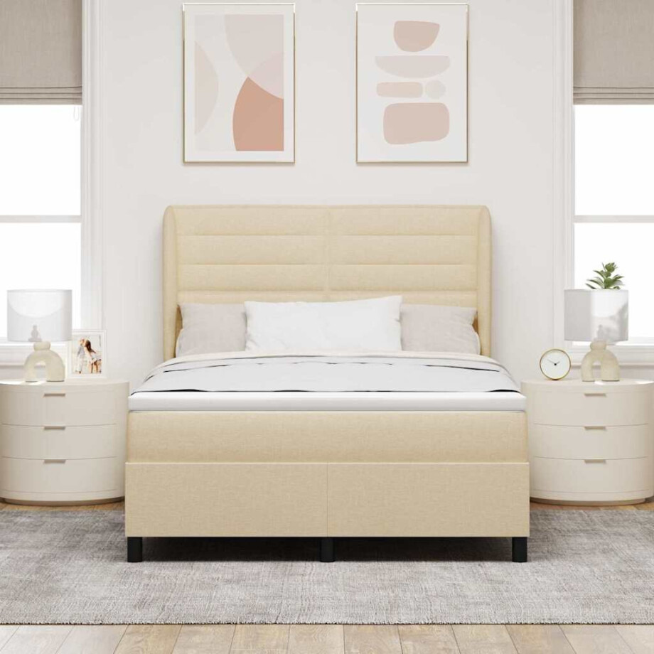 vidaXL Boxspring bed met matras met hoofdeinde Crème 140 x 200 cm Stof vidaXL Boxspring bed met matras met hoofdeinde Crème 140 x 200 cm Stof afbeelding 1