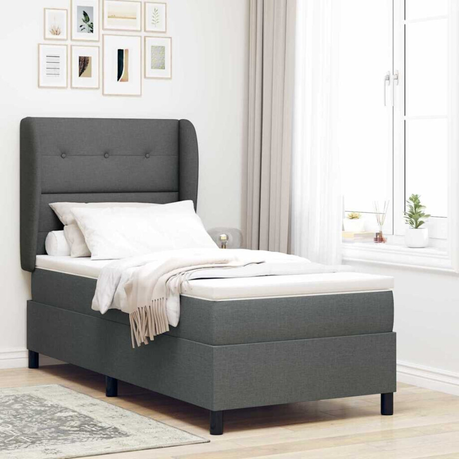 vidaXL Boxspring bed met hoofdeinde Donkergrijs 100 x 200 cm Stof vidaXL Boxspring bed met hoofdeinde Donkergrijs 100 x 200 cm Stof afbeelding 1