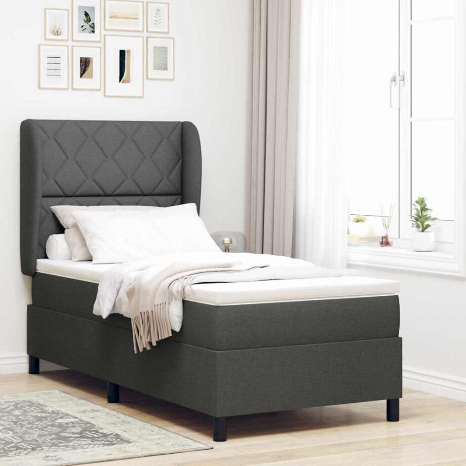 vidaXL Boxspring bed met hoofdeinde Donkergrijs 90 x 200 cm Stof vidaXL Boxspring bed met hoofdeinde Donkergrijs 90 x 200 cm Stof afbeelding 1