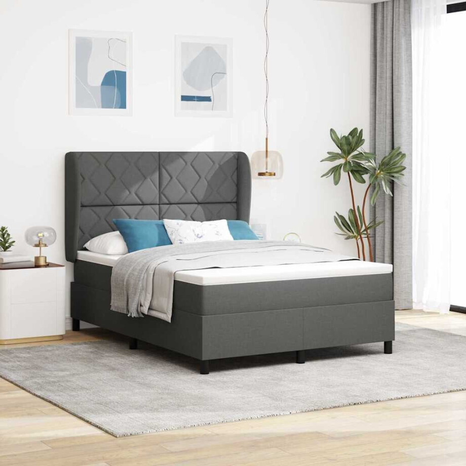 vidaXL Boxspring bed met hoofdeinde Donkergrijs 140 x 190 cm Stof vidaXL Boxspring bed met hoofdeinde Donkergrijs 140 x 190 cm Stof afbeelding 1
