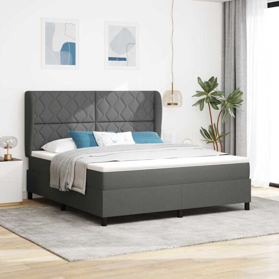 vidaXL Boxspring bed met hoofdeinde Donkergrijs 180 x 200 cm Stof afbeelding 1