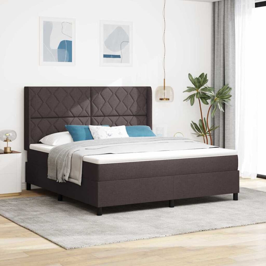 vidaXL Boxspring bed met hoofdeinde Donkerbruin 180 x 200 cm Stof afbeelding 1