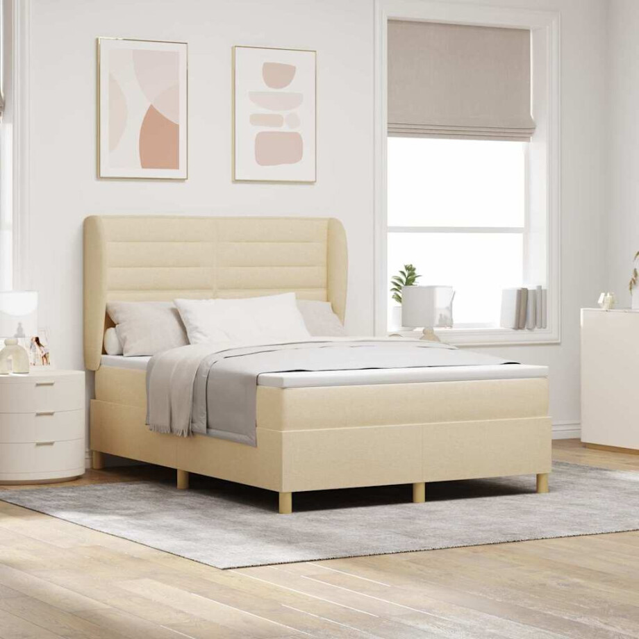 vidaXL Boxspringbed met matras met hoofdeinde Crème 190 x 140 cm Stof vidaXL Boxspringbed met matras met hoofdeinde Crème 190 x 140 cm Stof afbeelding 1