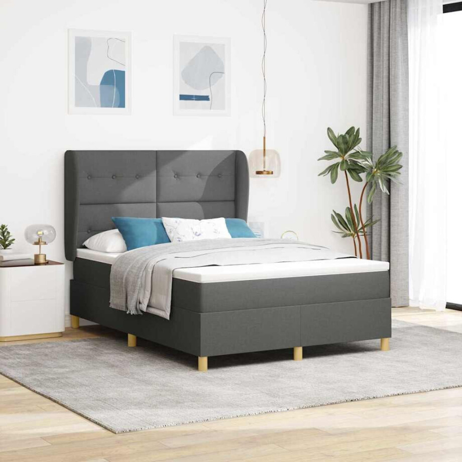 vidaXL Boxspringbed met matras Donkergrijs 200 x 140 cm Stof afbeelding 1