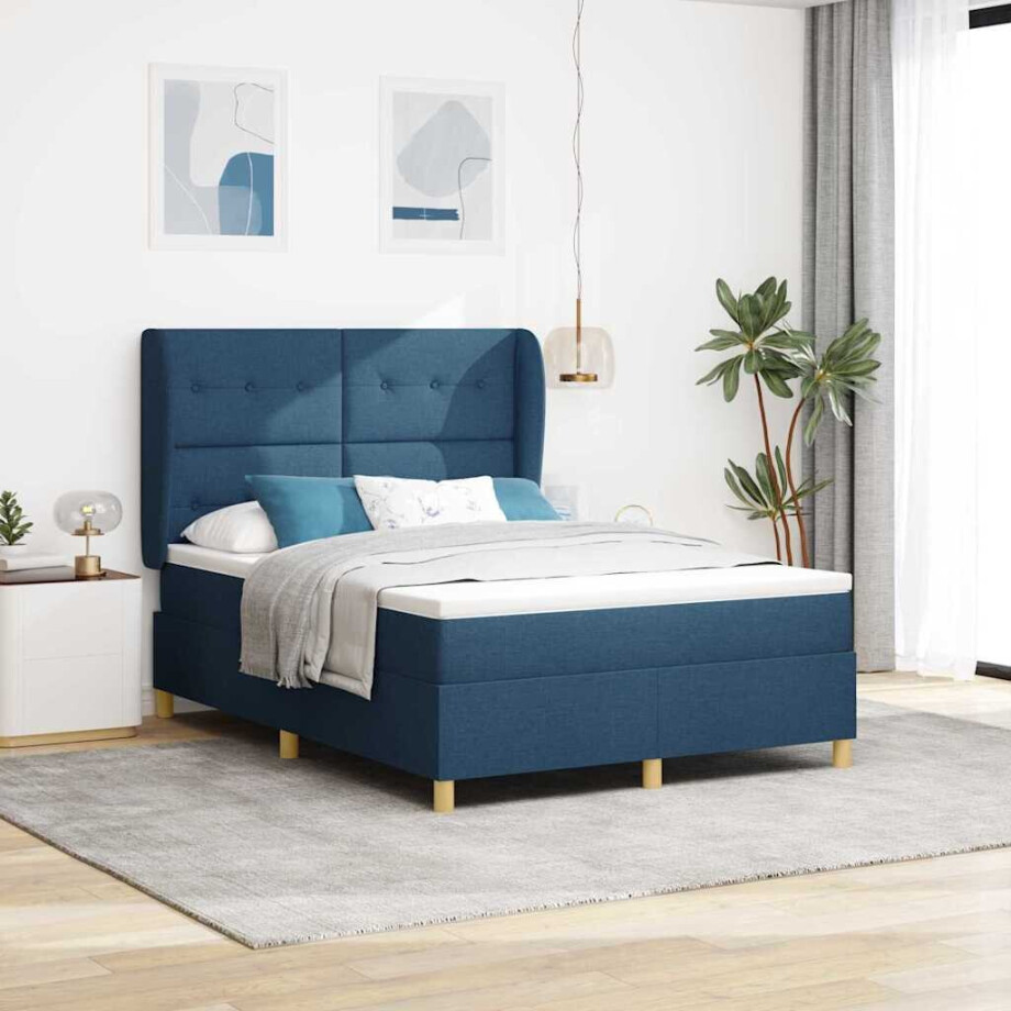 vidaXL Boxspringbed met Matras Donkergrijs 90x190 cm Blauw Stof afbeelding 1