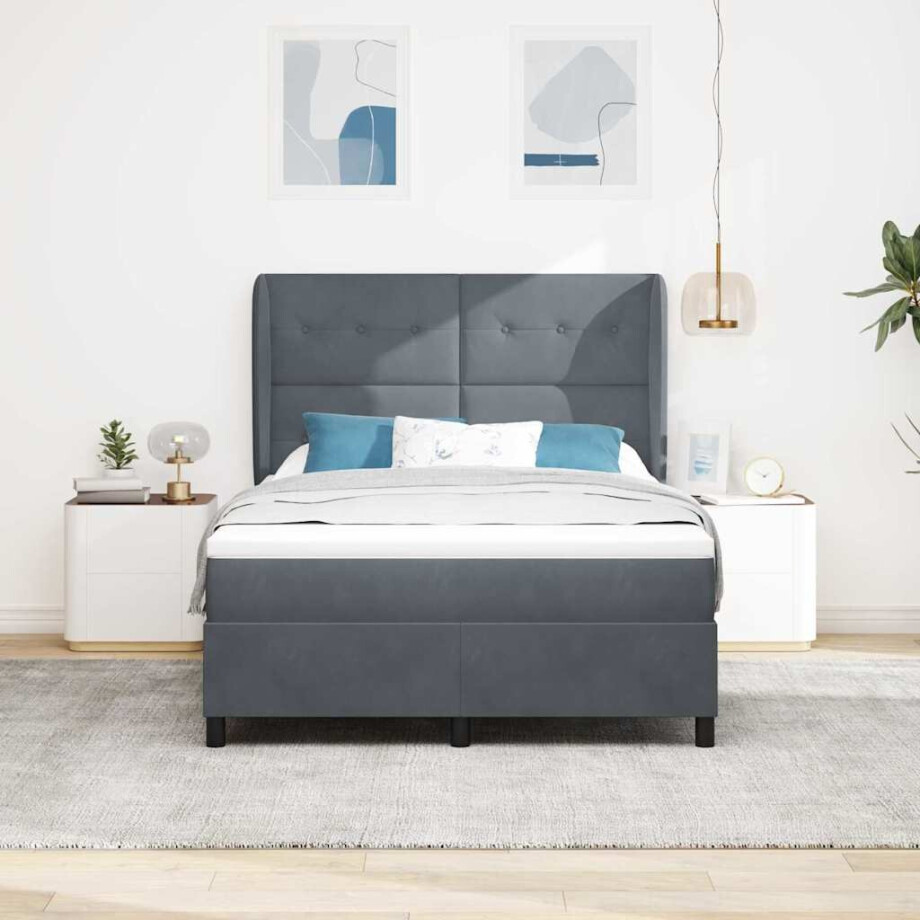 vidaXL Boxspringbed met matras Donkergrijs 200 x 140 cm Fluweel afbeelding 1
