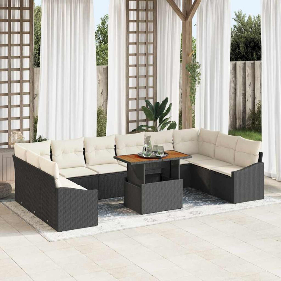 vidaXL Tuin Eetset met kussen 11 pcs Zwart en Crème vidaXL Tuin Eetset met kussen 11 pcs Zwart en Crème afbeelding 1