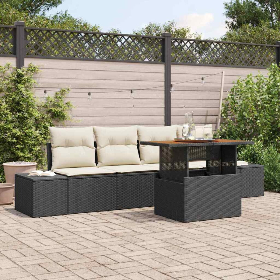 vidaXL Tuin Eetset met kussen 5 pcs Zwart en Crème vidaXL Tuin Eetset met kussen 5 pcs Zwart en Crème afbeelding 1