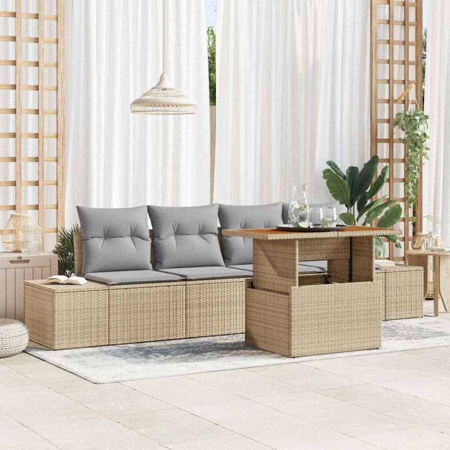 vidaXL Tuin Eetset met kussen 5 pcs Beige en Grijs afbeelding 1